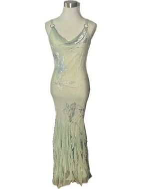 Diane Freis Vintage Hand Beaded Floral Ruffle Sage Green Pastel Maxi Dress